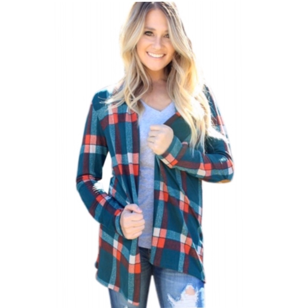 🍁HP🍁1 Left: Small•Teal Plaid Cardigan with elbow patches